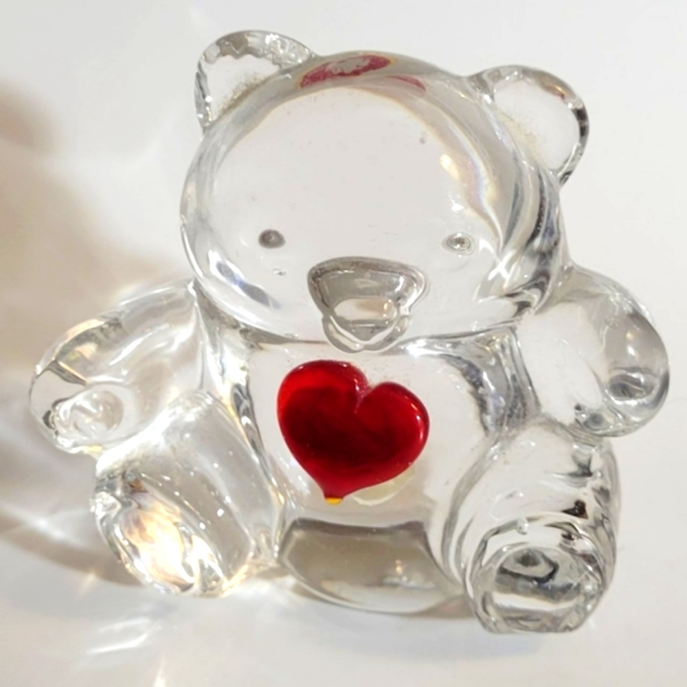 Glass Teddy Bear Paperweight, Bear w/ Red Heart, Solid Glass Figurine Gift